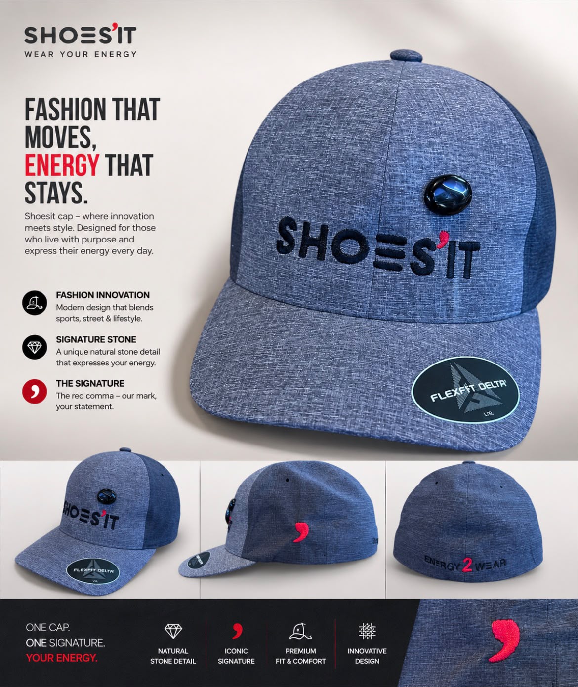 Shoesit Onyx Energy Cap – Blue Signature FlexFit Delta