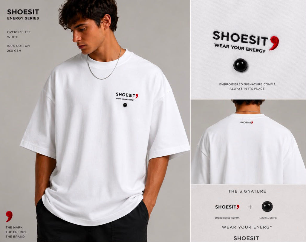 Shoesit Black Hematite Energy Tee – White Oversize 260 GSM