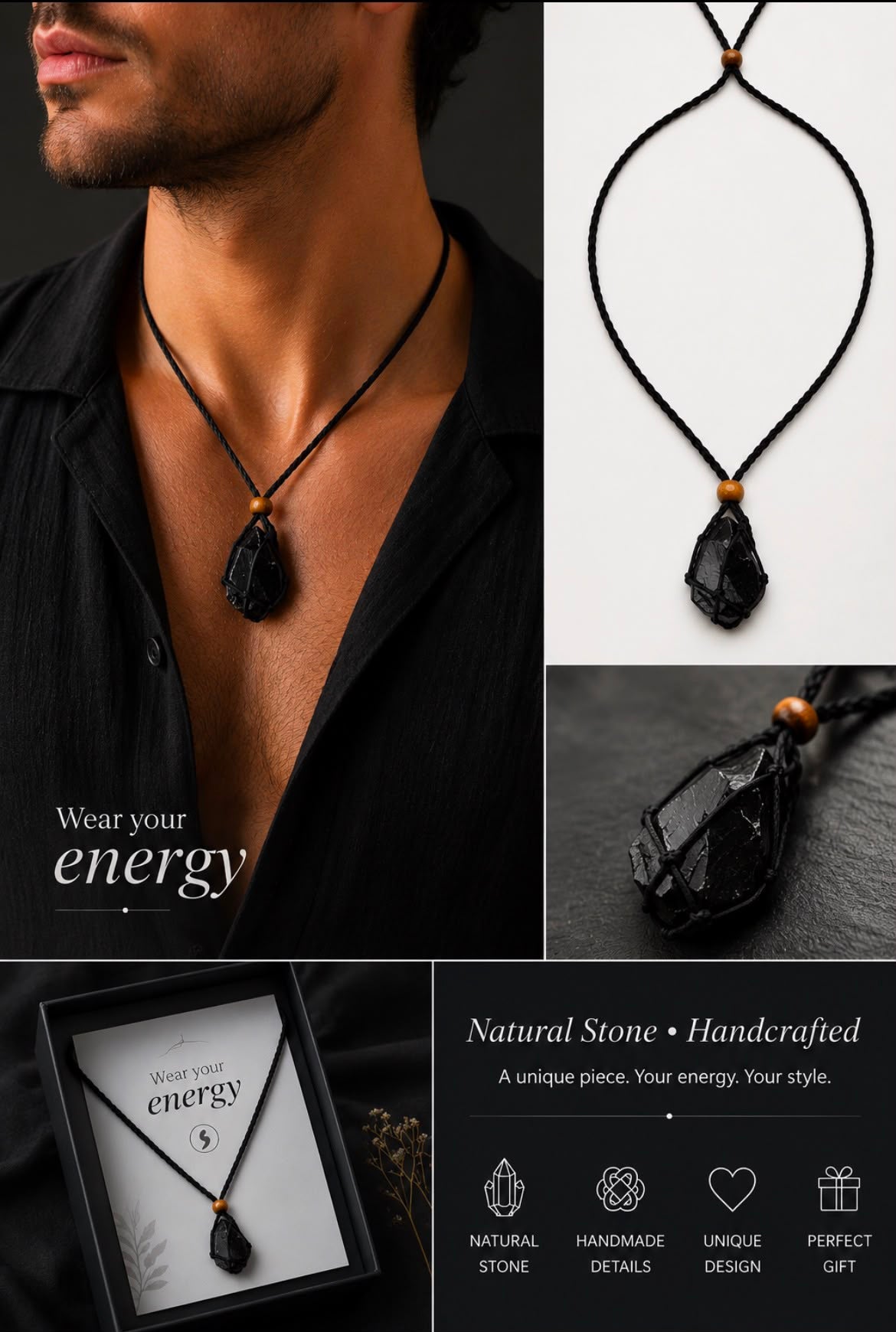 Shoesit Black Onyx Raw Stone Cord Necklace gift collage