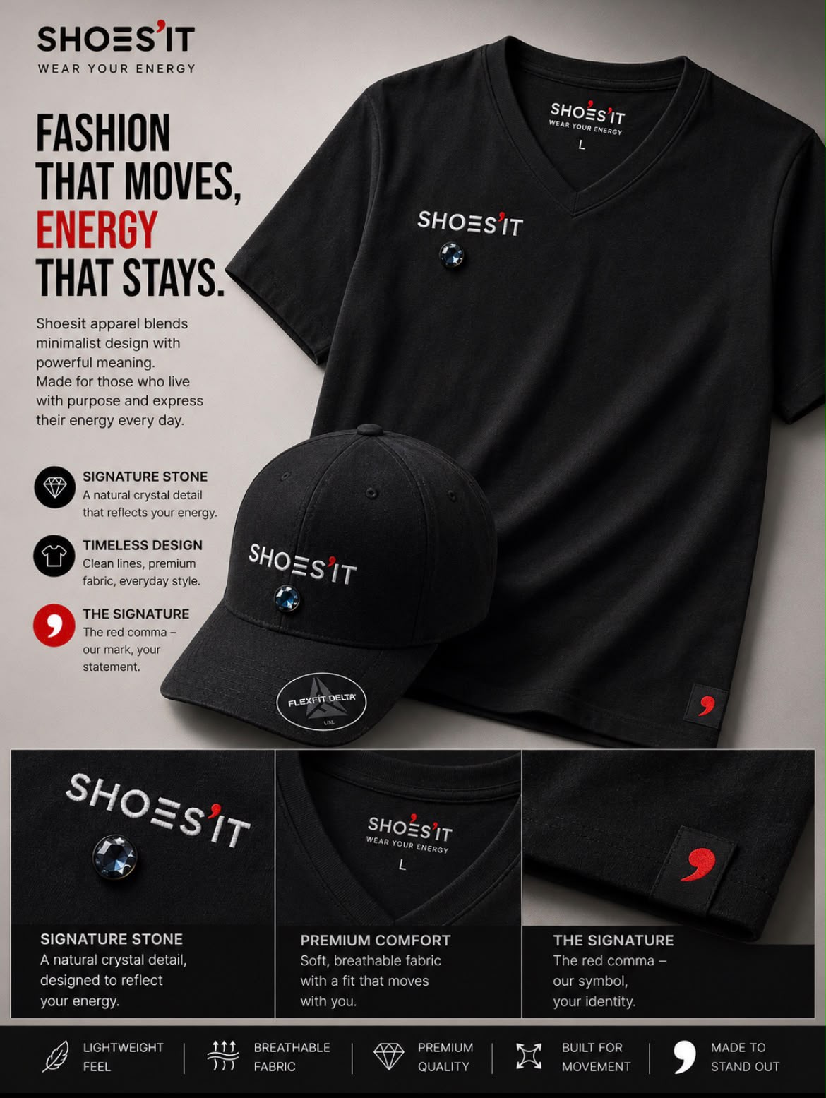 Shoesit black energy tee and cap product graphic