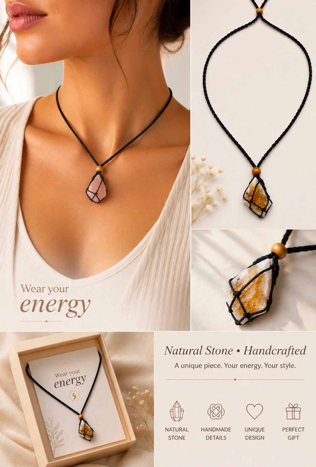 Shoesit light natural stone cord necklace gift collage